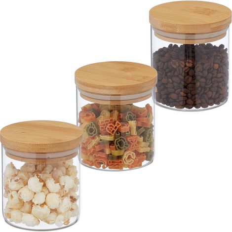 Lot de 3 bocaux, verre, petits pots avec couvercle en bambou, 500 ml, hermétique, transparent/nature (1/5)