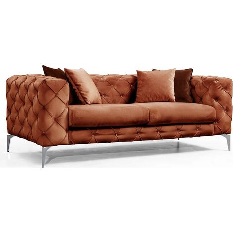 Canapé 2 places capitonné velours orange et pieds chromés Herakles 197cm (1/4)
