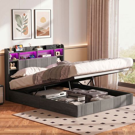 Letto matrimoniale 140x200 cm – Letto contenitore – Testiera con vano contenitore – Porte USB/Type-C – Illuminazione LED RGB – Rete a doghe – Biancheria grigia (1/5)