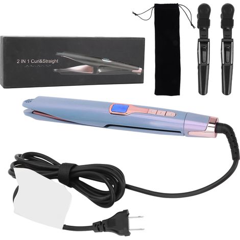 Lisseur et boucleur de cheveux 2-en-1 bleu, chauffage rapide et température constante, fer à friser électrique avec prise US (1/5)
