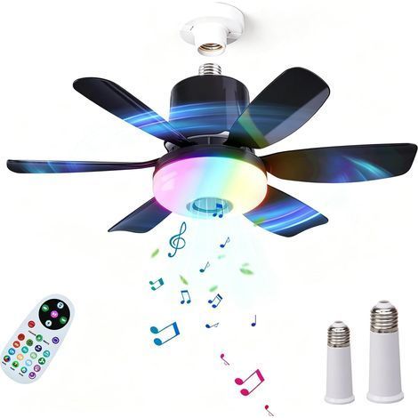 Plafonnier Ventilateur LED RGB Dimmable Silencieux avec Douille E27 Ventilateur de Plafond 3 Vitesses Fonction Minuterie Haut-parleur Bluetooth pour Chambre à Coucher, Salon, Cuisine (Noir) (1/5)