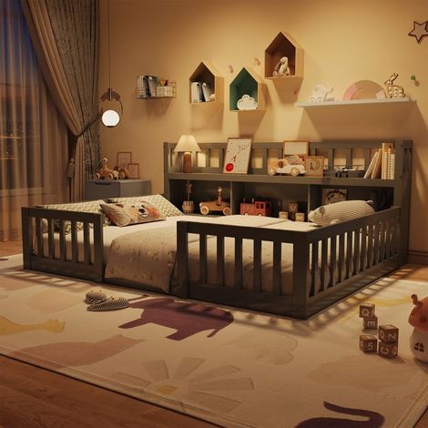 Cama infantil 90x200 cm con somieres de lamas, Cama baja 90x200 cm con biblioteca, Cama individual, Barrera de seguridad, Madera maciza, Gris (1/5)
