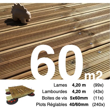 Kit complet terrasse Pin autoclave Marron pour 60 m² • Lames 4,2 m, lambourdes 4,2 m, plots réglables et visserie Inox • Livraison gratuite