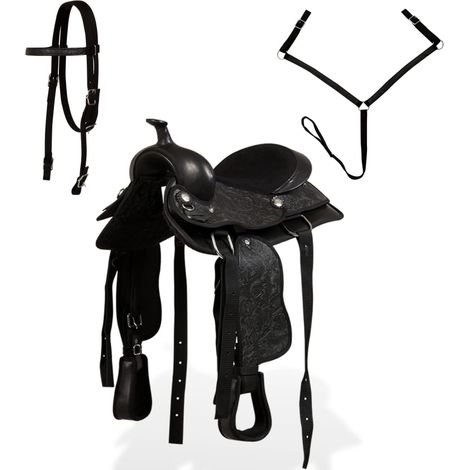 Selle, bridon et col de poitrine Cuir véritable 13 po Noir