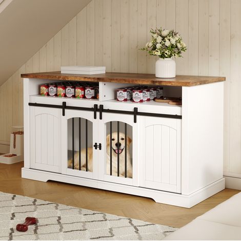 Armario para jaula de perros de 153x60x85 cm con puertas correderas con cerradura, separador extraíble, MDF blanco y metal. (1/5)