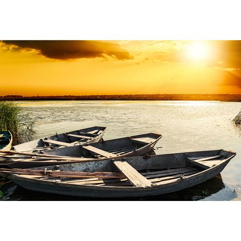 Papier peint panoramique coucher de soleil | Tapisserie panoramique nature pour salon | Papier peint panoramique lac et bateau - 267 x 400 cm (4 pièces) (1/2)