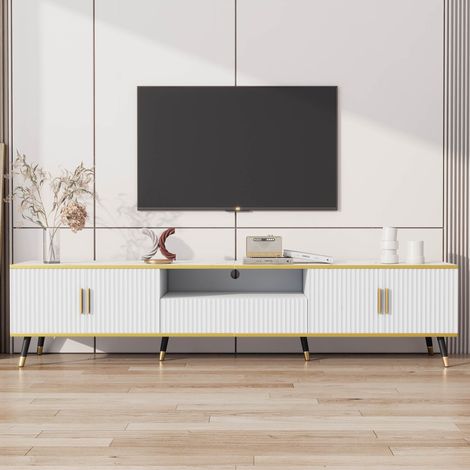 Mobile TV bianco moderno 200 x 40 x 46 cm con 4 ante 1 cassetto e ripiani aperti, mobile basso per soggiorno (1/5)