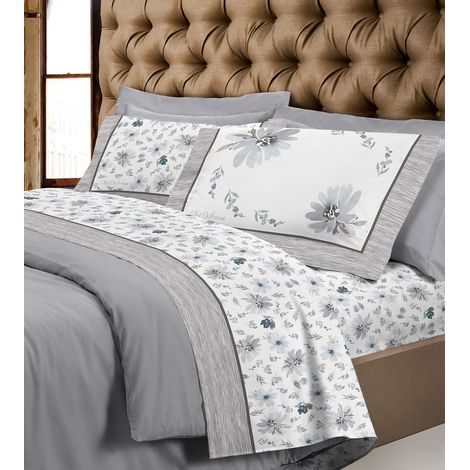 Completo letto matrimoniale made in italy 100% morbida e calda flanella di cotone modello super Europa fantasia floreal Grigio - Matrimoniale