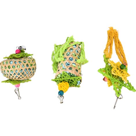 Ensemble de 3 jouets à mâcher pour oiseaux, comprenant une balle en rotin avec clochettes, idéale pour les perruches ondulées, les perroquets gris du Gabon et les calopsittes. (1/5)