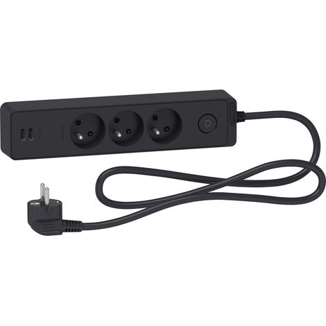 Schneider Electric – Bloc multiprise 3 prises 2P+T – 2 ports USB 2,4A – Câble 1,5m – Interrupteur lumineux – Polypropylène anthracite (1/3)