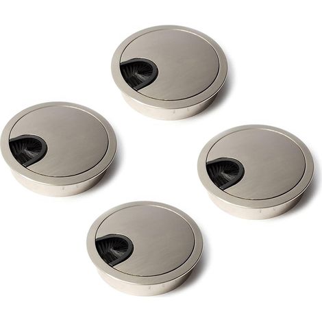 Ensemble de 4 cache-câbles ronds en métal brossé argenté, à encastrer sur les tables et meubles de bureau passe-câbles de 60 mm (1/5)