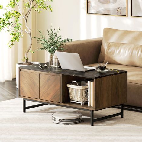 Table basse. table de salon. plateau effet marbre. 2 portes et 2 niches ouvertes. 100 x 50.8 x 45.7 cm. noyer