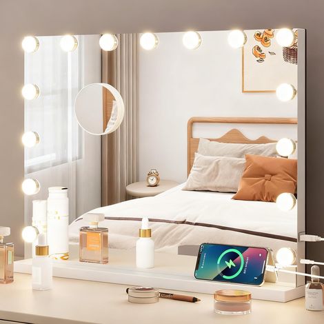 Miroir Maquillage Hollywood 58X45 cm,15 Ampoules LED Miroir Coiffeuse Luminosité Variable avec Port USB, Contrôle Tactile avec Loupe Grossissante pour Coiffeuse Miroir sur Table/sur Mur (1/5)