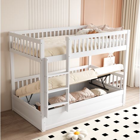 Lit superposé enfant 90x200 cm blanc en bois massif avec rangement hydraulique (1/5)