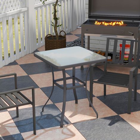 Mesa de jardín cuadrada 68,5x68,5x84 cm metal negro y vidrio templado para balcón – MEUBLIV (1/5)