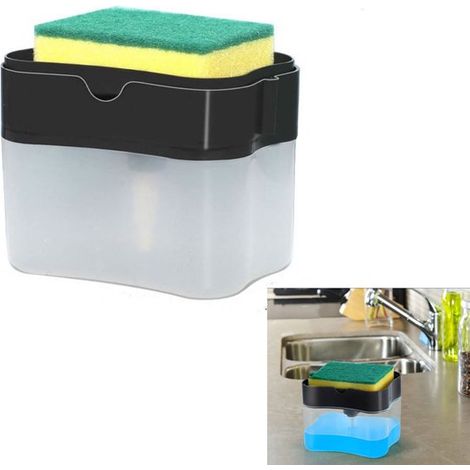 Dispenser di detersivo per piatti, pulsante per lavello, dispenser automatico, dispenser di sapone da cucina, porta spugna, vassoio per spugna, accessorio da cucina per cucine e lavelli (1/5)