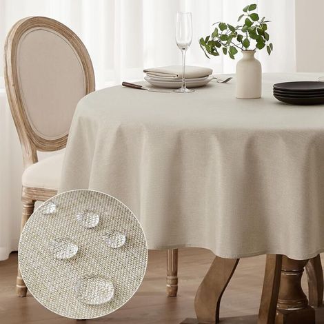Nappe ronde imperméable lavable 140 cm lin moderne pour jardin table extérieure Noël mariage (1/4)