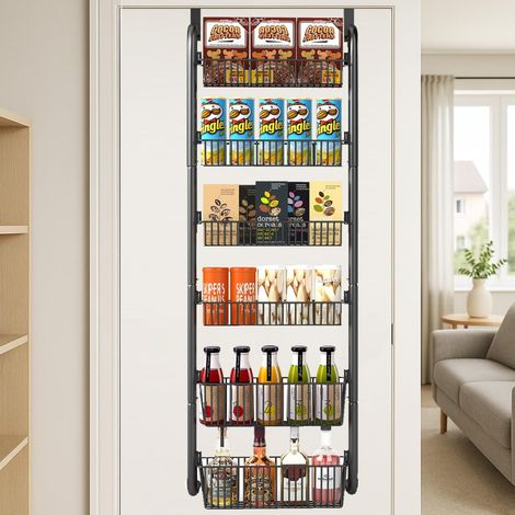 Youyijia 6-Tier Over Door Pantry Organizer Heavy-Duty Metal Hanging Spice Rack for Kitchen Adjustable Shelves for Spices Cans Snacks Space-Saving Storage for Pantry Bathroom Laundry Room Black (1/5)