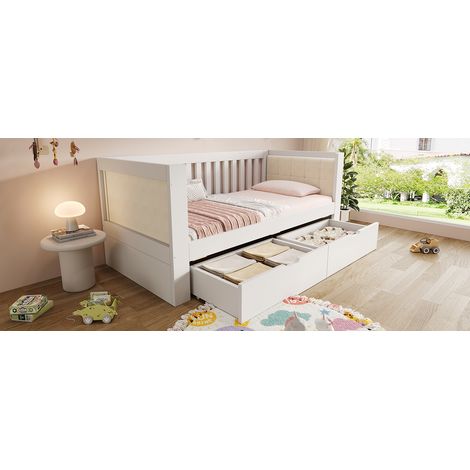 Canapé-lit blanc (90 x 190 cm) avec deux tiroirs. Structure en bois. Accoudoirs arrondis et dossier confortable. Idéal pour les petits appartements ou les studios. Matelas non requis. (1/5)