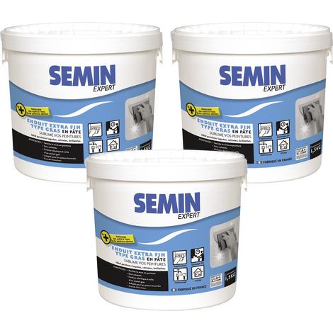 Semin – Lot de 3 enduits extra fins – Lissage type gras sans solvants – Séchage rapide – Intérieur/extérieur – Seau de 1,5 kg