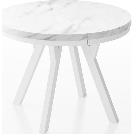 Designer Runder Ausziehbarer Esstisch - Loft-Stil, Platzsparend - Weiße Beine - 100 bis 150 cm - für 5-8 Personen - Hergestellt in EU - Marmor Weiß - 150 cm