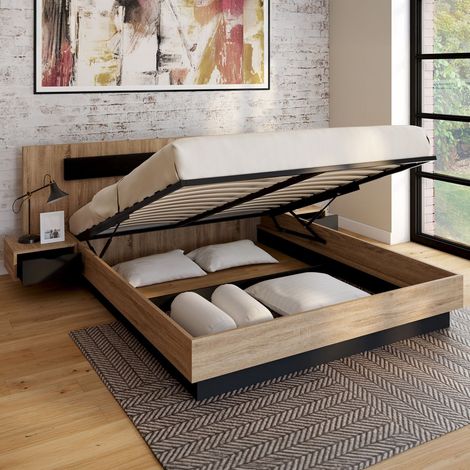 Cama de matrimonio SANTA con cabecero + mesillas integradas y somier de 160 x 200 cm de madera y negro (1/5)