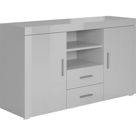 Sideboard Modern  Küchenschrank  Kommode  Wohnzimmerschrank  2 Türen 2 Schubladen  Aufbewarungsschrank  Buffet  Esszimmer  140x80x40cm  Modell Roque  Grau Glanz