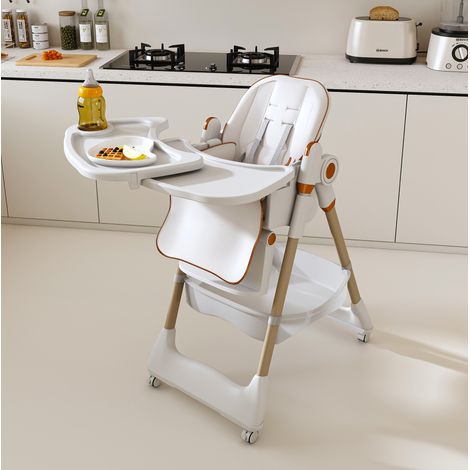 Seggiolone pappa pieghevole regolabile, vassoio rimovibile, ruote bloccabili, bianco DESVIAE