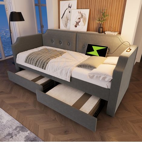 Polsterbett Samt Grau 90x200 cm mit 2 Schubladen, USB-Type-C und Leselicht, inklusive Lattenrost (1/5)
