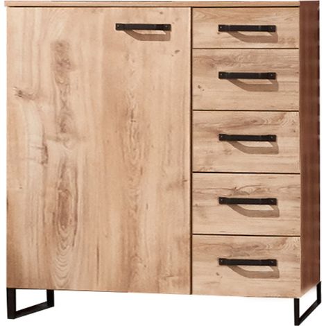 Commode à tiroirs Imitation chêne chataigne, rechampis imitation chêne noir - L81 x H92 x P41 cm -PEGANE-