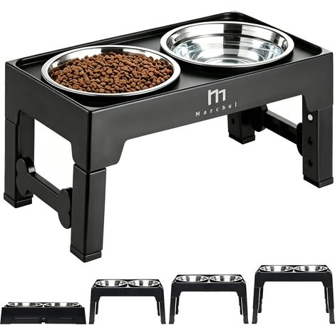 Chien Surélevées de 4 Hauteurs Ajustables, Gamelle pour Chien avec 2 Bols en Acier Inoxydable, Pliable, Antidérapant