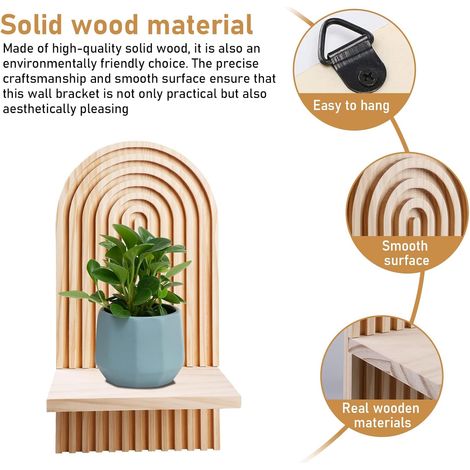 Lot de 2 Supports Muraux en Bois, Style Bohème, Petite Étagère Flottante Arc-en-Ciel, Décoration pour Chambre à Coucher, Salon, Salle de Bain (Couleur Bois) (1/2)