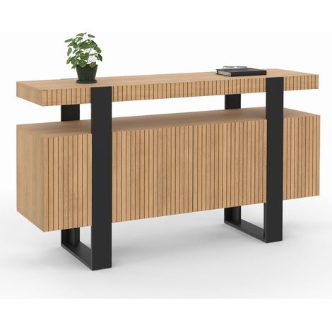 Idmarket – Buffet 140 cm 4 portes effet lattes – Structure en bois massif – Dimensions 140 x 40 x 80 cm – Style naturel et moderne