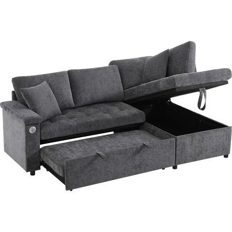 Divano letto angolare grigio scuro con contenitore, USB e 2 cuscini HOMVRA (1/5)