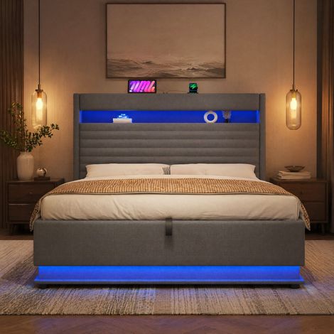 Cama tapizada 140x200 cm con LED, USB Type-C y arcón de almacenaje, gris (1/5)