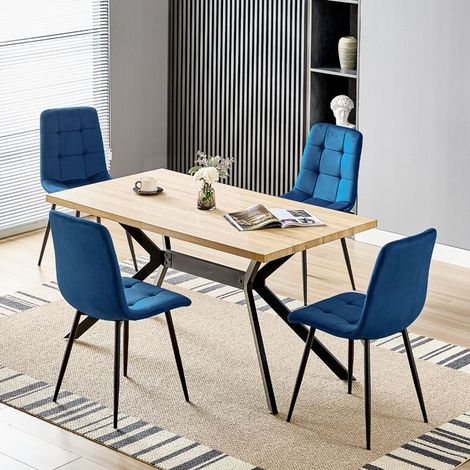 Ensemble de salle à manger - WAFTING - 140x80x73 cm - 4 chaises velours bleu - Table bois clair - Rectangulaire (1/5)