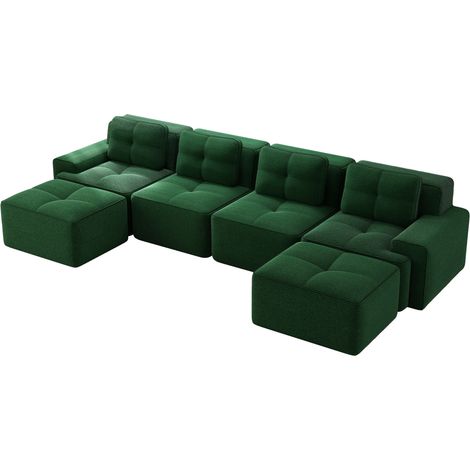 Sofá modular en U con chaise longue, 4 plazas, en pana verde, sin montaje (1/5)