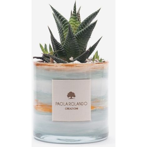 Pianta succulenta in vaso di vetro rotondo decorato a mano Marble H 10 - Navy