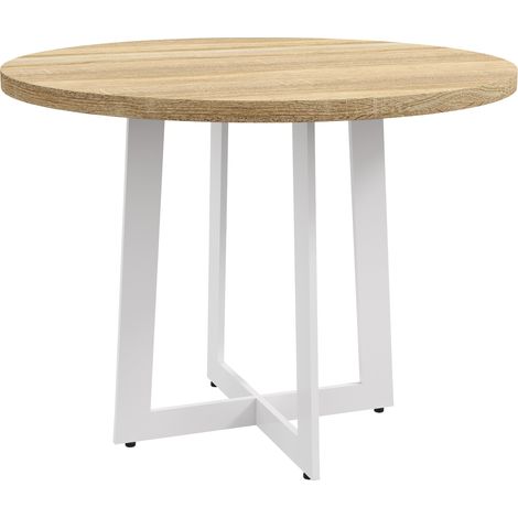 Tavolo da Pranzo Rotondo Moderno per 4 Persone Ø100x75 cm in MDF e Acciaio colore Legno Naturale e Bianco (1/5)