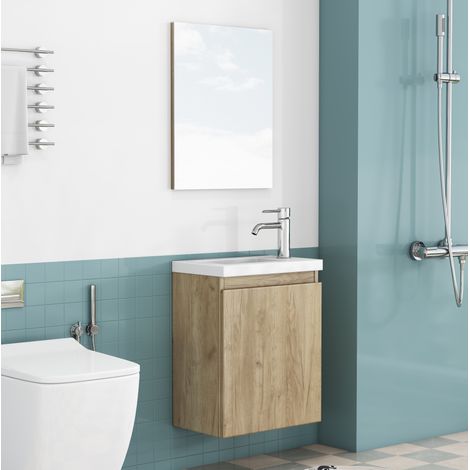 Mobile bagno sospeso 45x34x58 cm, con lavabo in ceramica e specchio, design senza maniglia, MDF, rovere (1/5)