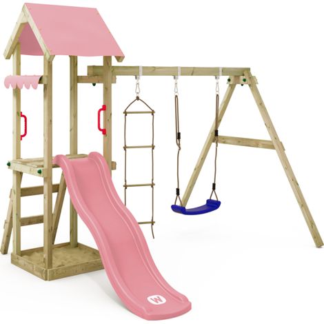 Wickey TinyCabin wooden play tower with swing and sandpit for toddlers in light pink