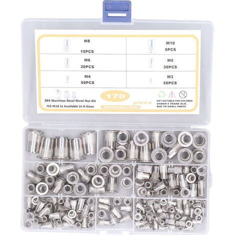 Assortiment de 170 écrous à riveter Zoternen Fafeicy, M3, M4, M5, M6, M7, M8, écrous à riveter à tête plate en acier inoxydable (1/5)