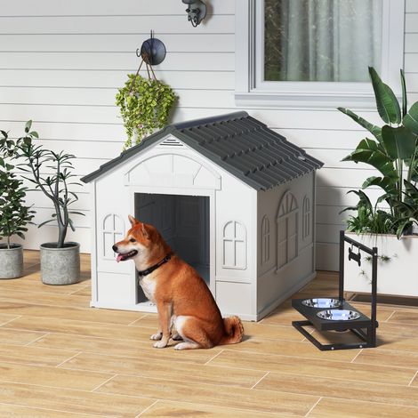 Hundehütte für mittelgroße und große Hunde mit schrägem Dach und Eingangstür, wasserdichte PP-Hundehütte, 84,2 x 98,2 x 82 cm, Grau