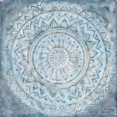 Toile en lin à l'huile, Mandala bleu, 100x100x3 cm (1/4)