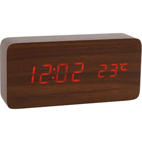 Orologio digitale in legno Lancoon, sveglia LED multifunzionale con visualizzazione di ora/data/temperatura e controllo vocale per casa e viaggi - AC11 MarroneRosso (1/5)