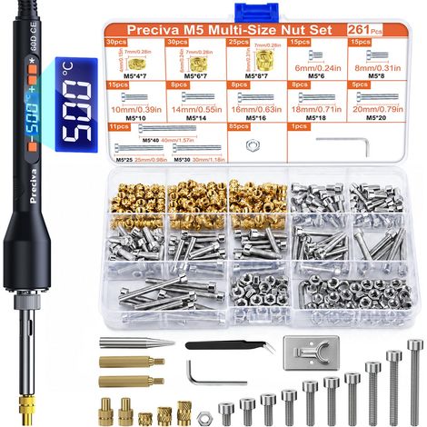 Kit Insert Fileté Laiton M5 255 Pièces Pour Impression 3D Fer a Souder 60W 220-450°C,85 Écrous+85Vis+85Capuchons, Support+Pince Inclus (1/5)