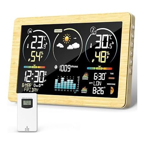Station Météo avec Capteur Extérieur, Thermomètre Numérique Sans Fil à Affichage Couleur, Contrôle de la Température et de l'humidité, Prévisions Météo avec Rétroéclairage Réglable (1/5)