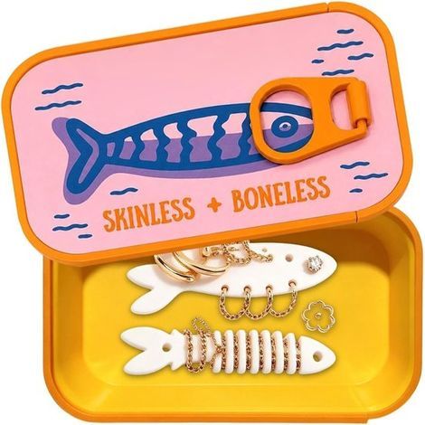 Kleine Schmuckschatulle – 10 x 6 x 3 cm – Metalldose mit Sardinenmuster – Gelb – Mini-Reise-Schmuckkästchen – Verwicklungsfreier Organizer (1/5)