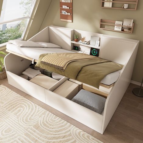 Cama de día hidráulica 140/190 cm blanca de madera con estantes, carga USB/USB-C y almacenaje (1/5)