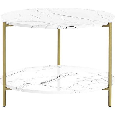 Tavolino da caffè effetto marmo e gambe in metallo ripiano basso bianco e oro ⌀ 60 cm Reva (1/5)